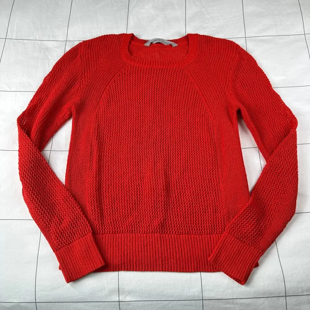 Athleta Sweater Womens Medium Red Mesh Open Knit Nylon Classic Stretch Crew Neck